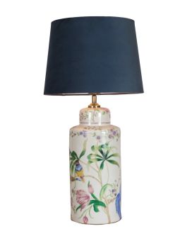 Li Na Bordslampa porslin vit/mönstrad, blå skärm 63cm